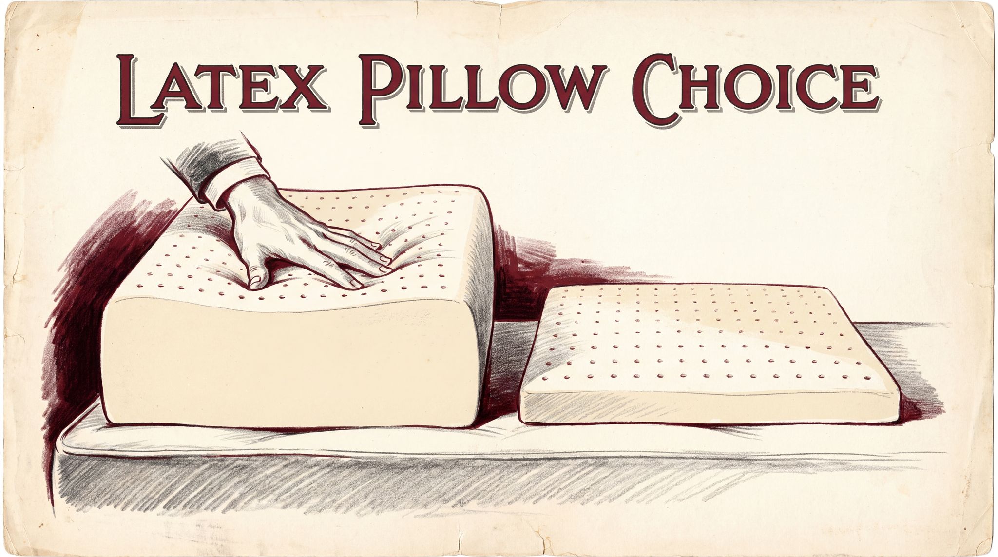 Two pale latex foam pillows lying on a mattress, one clearly taller than the other, each covered in small ventilation holes, with a hand pressing into the taller pillow to show how little it gives.