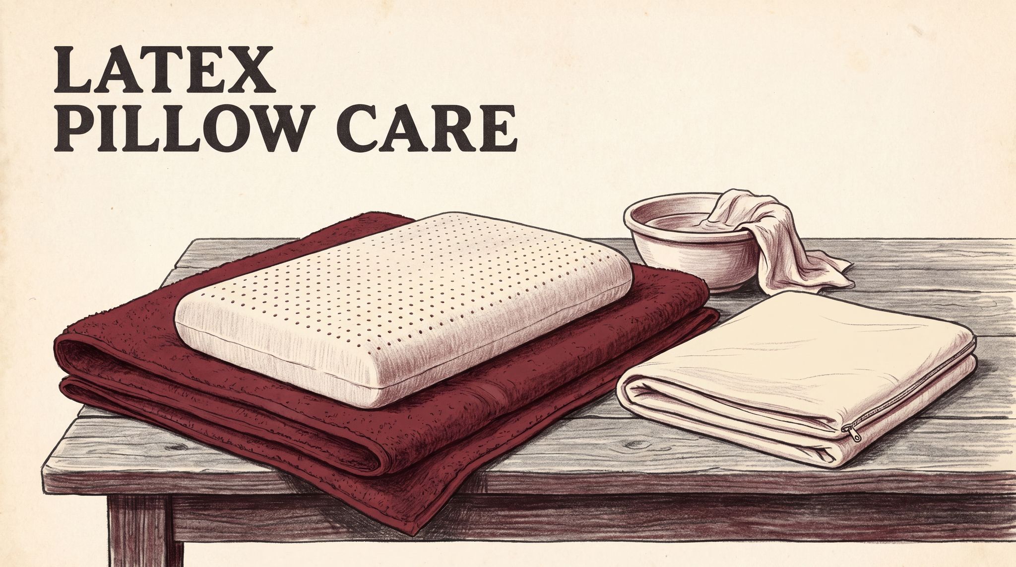 Illustration of a latex pillow core with its cover off, lying flat on a towel. Beside it are the folded cover and a bowl with a damp cloth, set out for spot cleaning.
