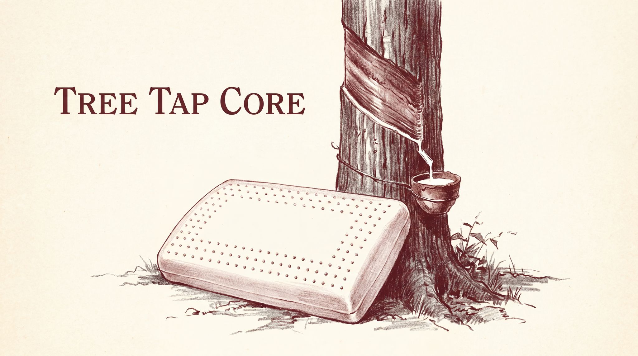 Illustration of a tapped rubber tree with white latex running from a slanted cut into a cup, next to a pale rectangular latex pillow core with rows of small holes.