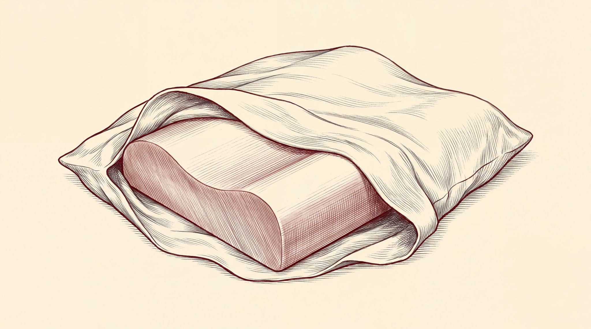 A molded latex contour pillow with a ridge along each long side sits loose and slightly turned inside a larger standard pillowcase, with slack fabric around it.
