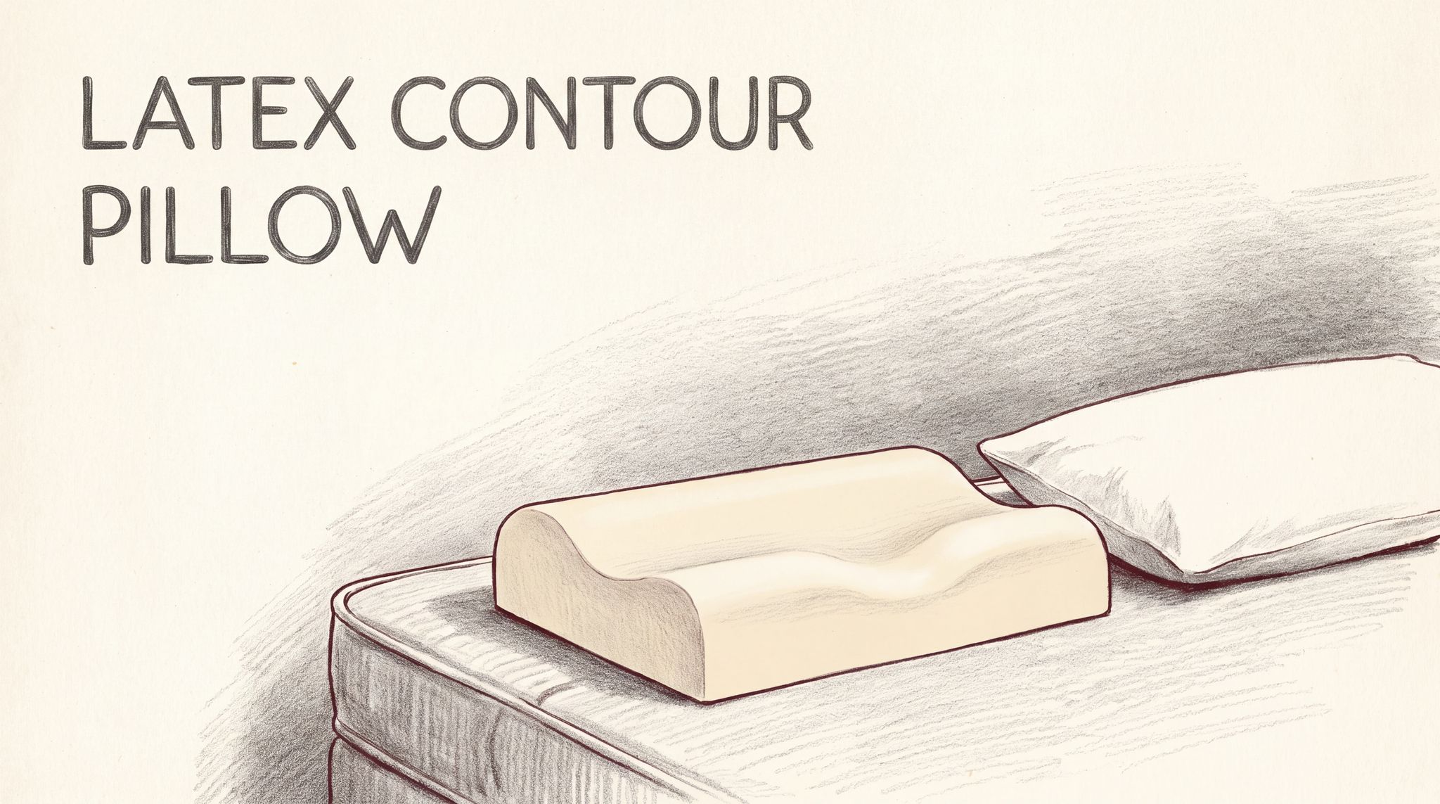 A cream latex contour pillow with two rounded ridges of different heights and a shallow dip between them, lying on a mattress next to a flat rectangular pillow that is longer and wider.