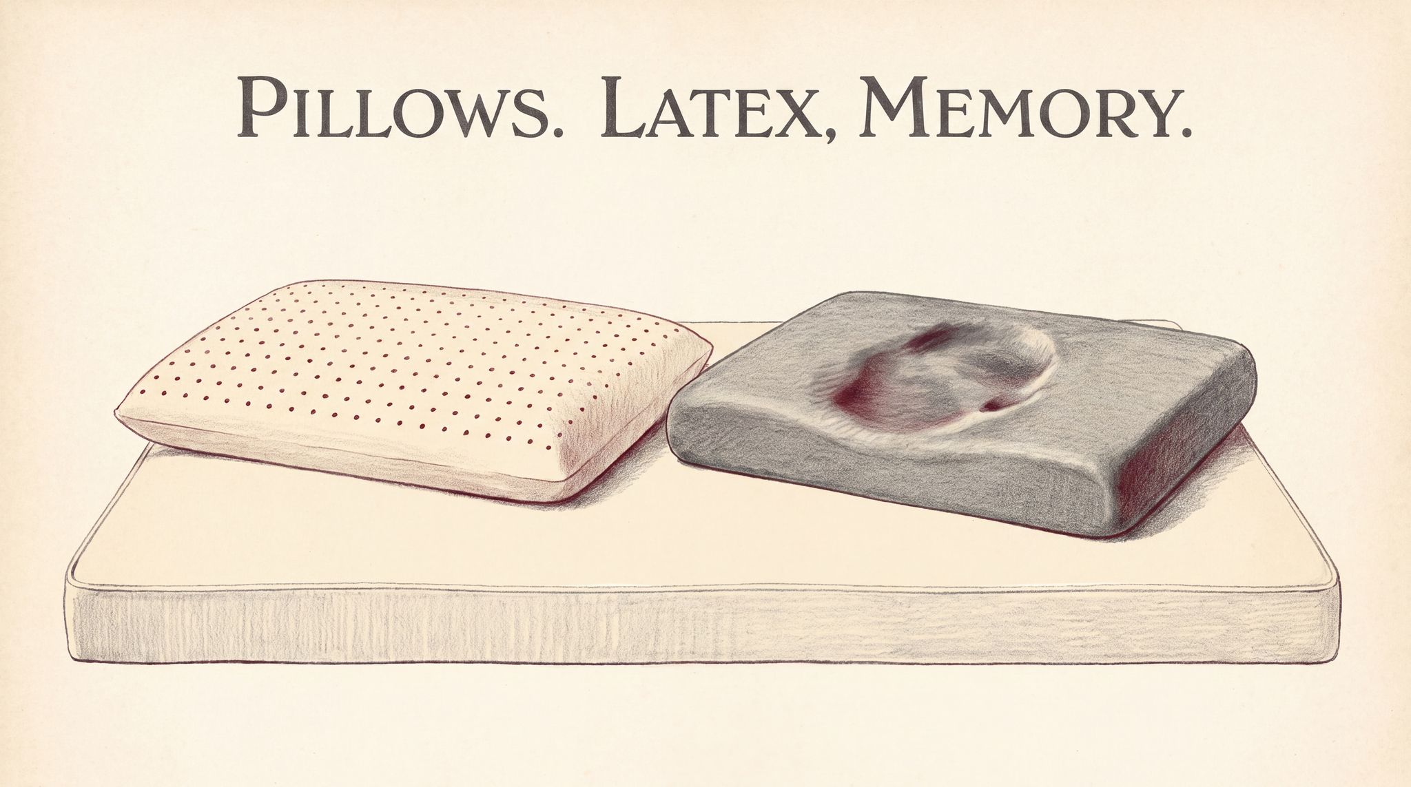 Two pillows side by side on a white mattress. On the left, a cream latex foam pillow covered in small ventilation holes sits flat and smooth. On the right, a grey memory foam pillow still shows a shallow dent where a head rested.