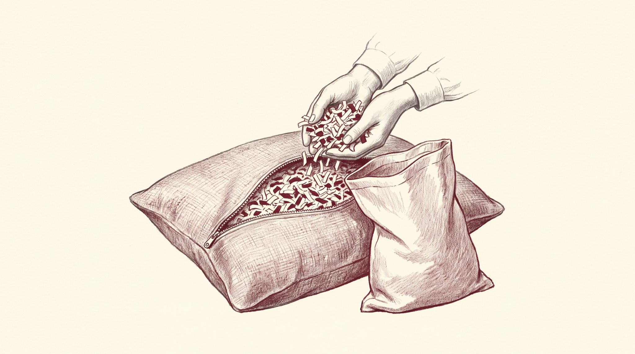 Hands take a single handful of shredded latex fill from an unzipped pillow cover and drop it into a bag set beside the pillow, lowering its height.