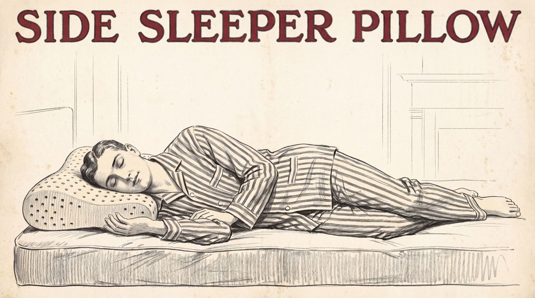 Illustration of a person asleep on their side, head resting on a thick latex pillow with small round holes, the neck in a straight line with the spine and the lower shoulder sunk slightly into the mattress.