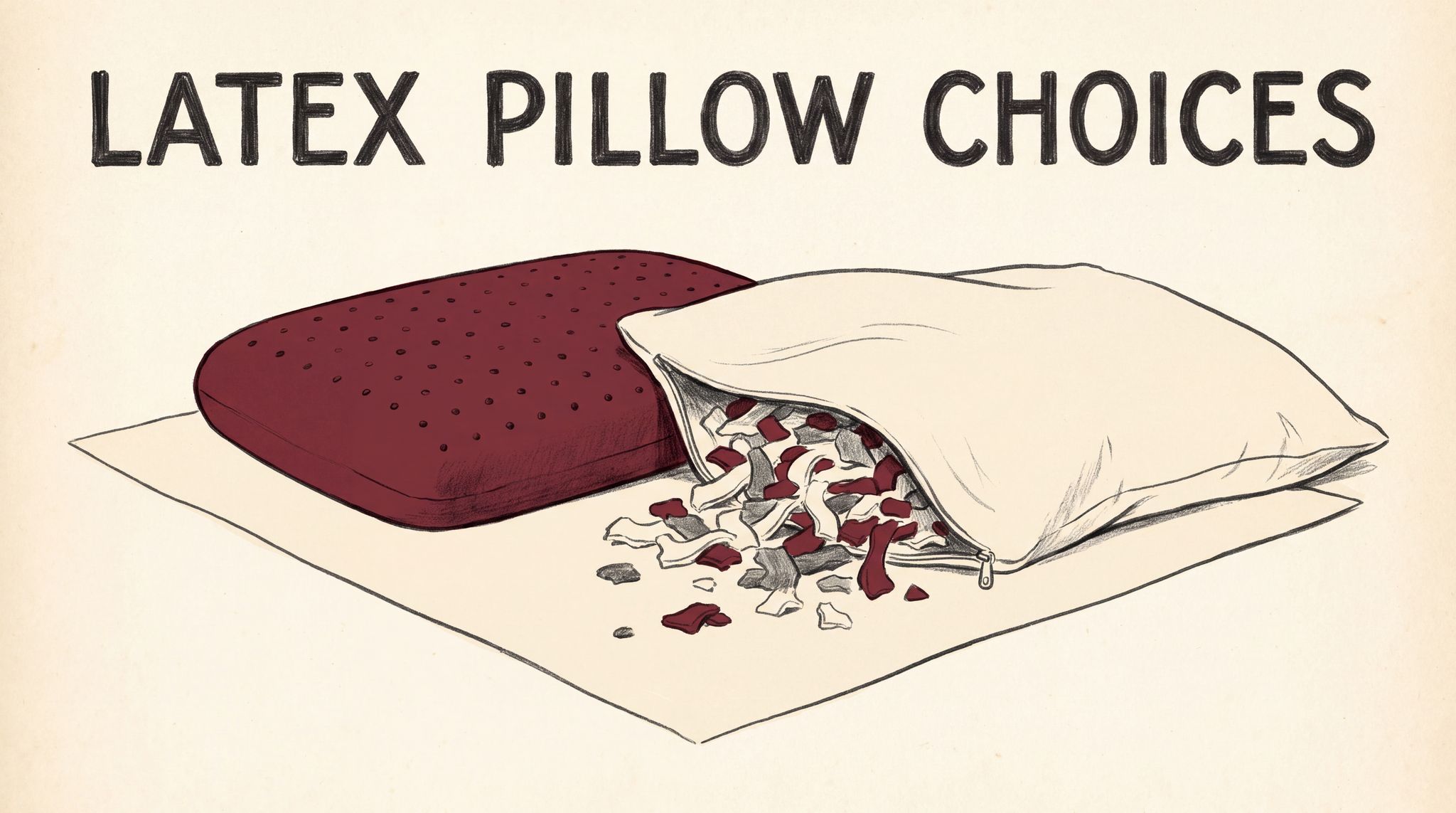 A smooth, pale solid latex pillow with rows of small ventilation holes sits on a bed sheet. Next to it lies an open, flat cotton cover with a small heap of crumbly shredded latex pieces spilling from its zipper.