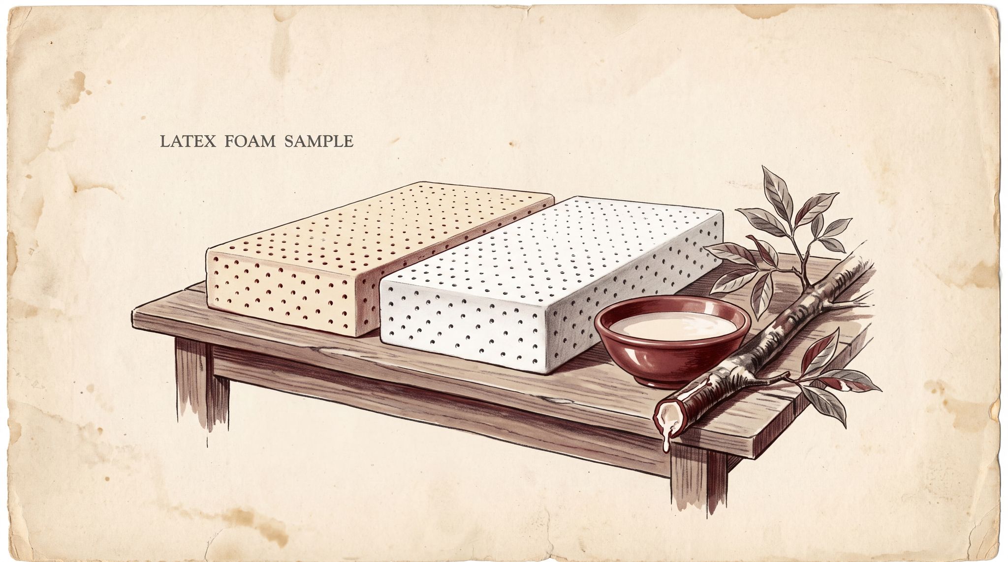 Two pinholed latex foam pillow blocks, one cream and one bright white, resting on a wooden table next to a bowl of milky liquid latex and a freshly cut rubber tree branch.