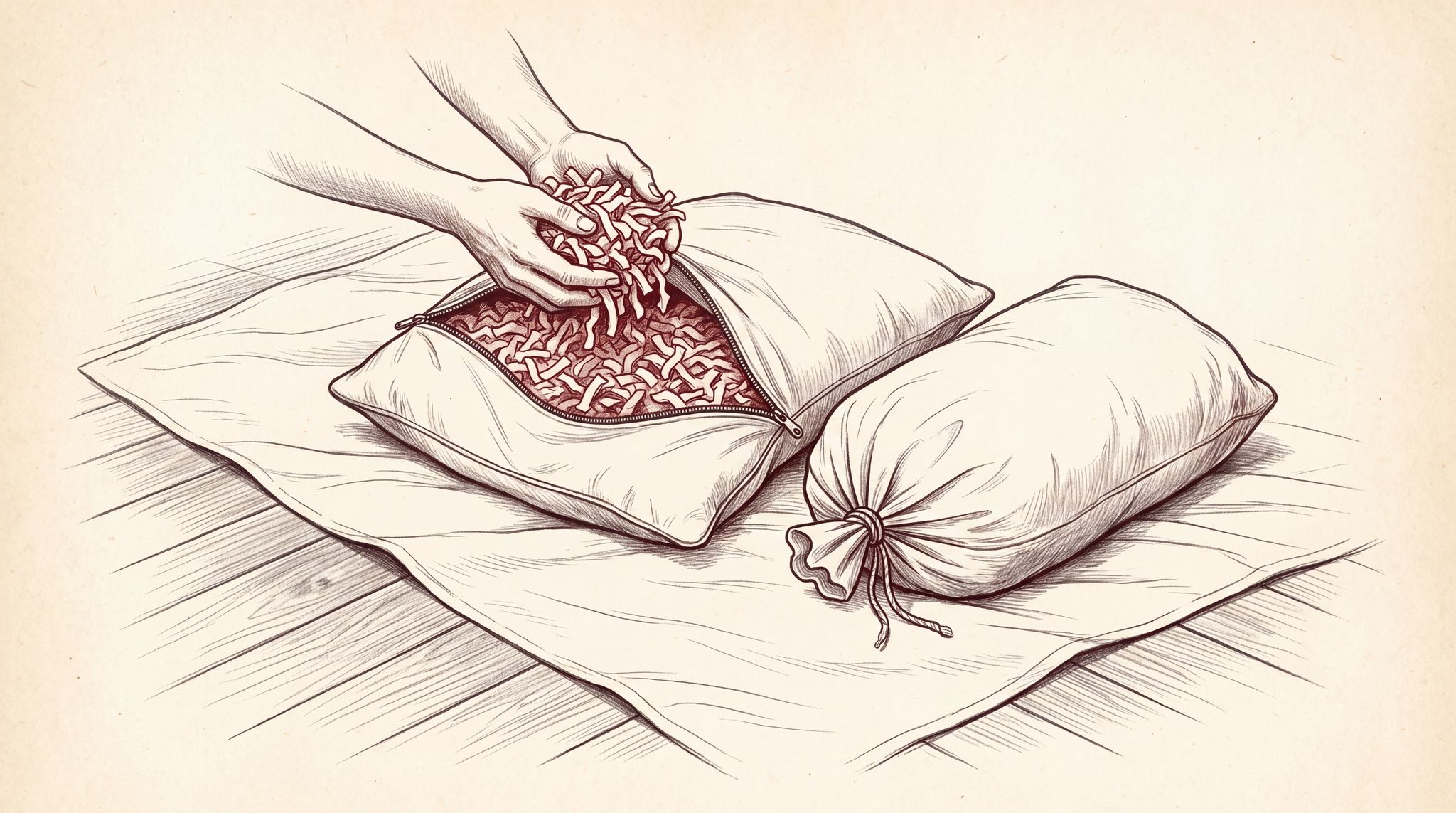 Hands remove a handful of shredded latex fill from an open zippered pillow cover over a sheet on a hard floor, beside a sealed bag of spare fill.