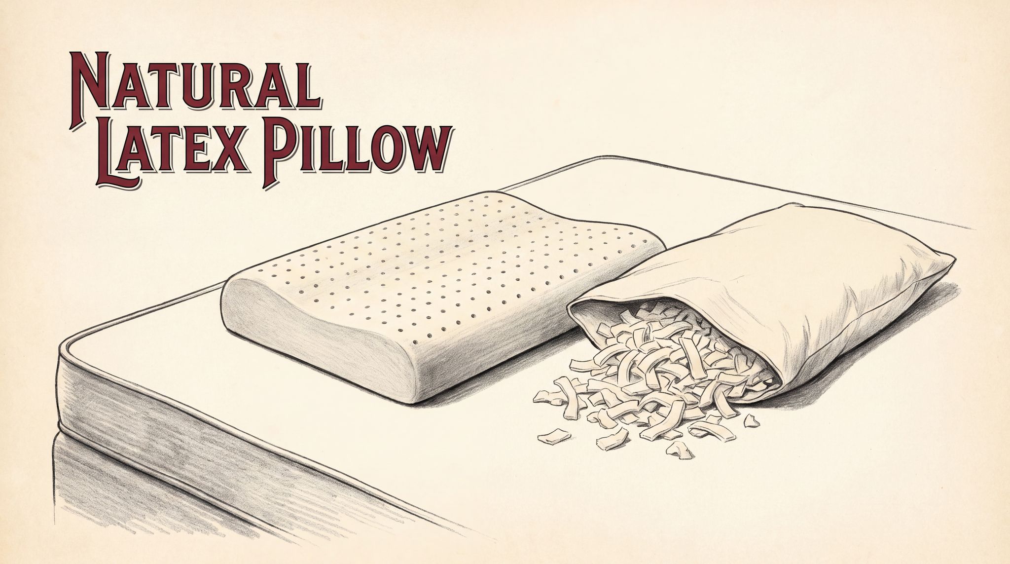 A solid cream-colored latex pillow covered in small pinholes rests next to an unzipped cotton pillow cover, with loose shredded latex pieces spilling out of it onto a mattress.