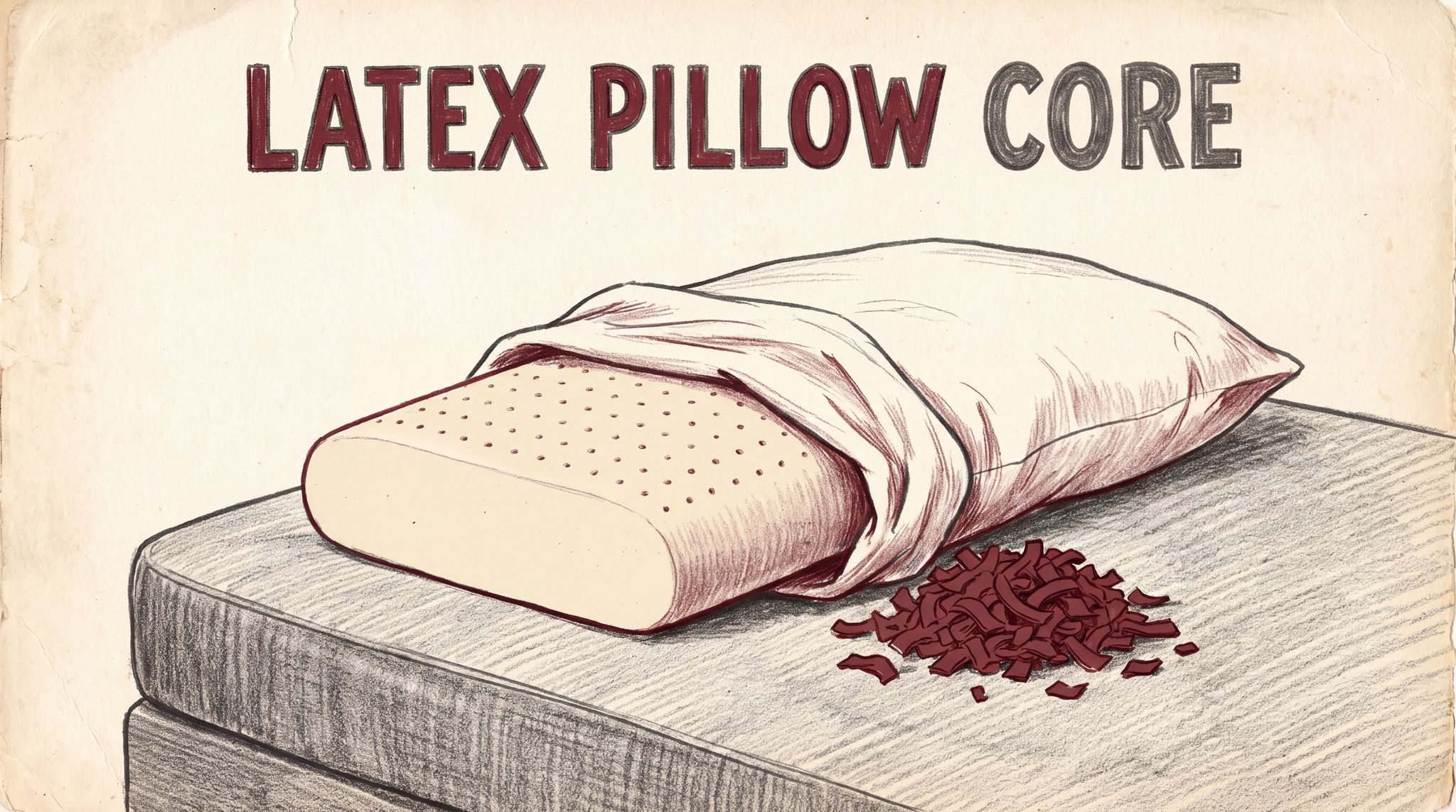 A pale, rectangular latex pillow core with rows of small pinholes sits halfway inside a cotton pillowcase that is visibly wider than it, next to a loose pile of shredded latex pieces on a mattress.
