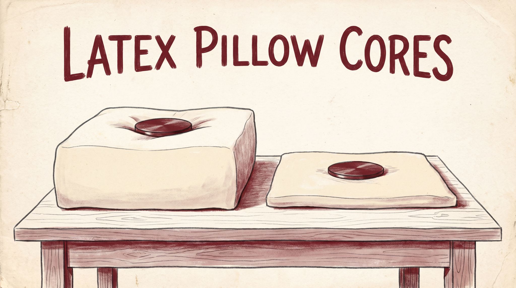 Two pale latex pillow cores, one tall and one thin, sit side by side with the same round metal disc pressing into each. The thin core dents less, which shows that the same latex feels firmer when there is less of it.
