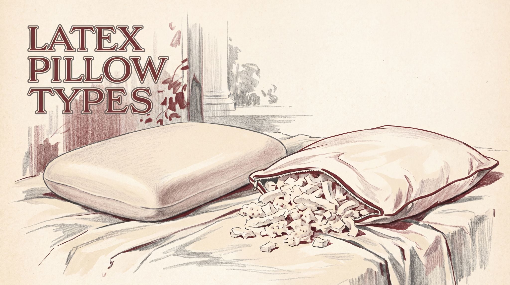 A smooth, solid block of pale latex foam shaped like a pillow sits next to an open fabric pillow cover with loose chunks of the same foam tumbling out. It shows the two ways latex goes into a pillow.