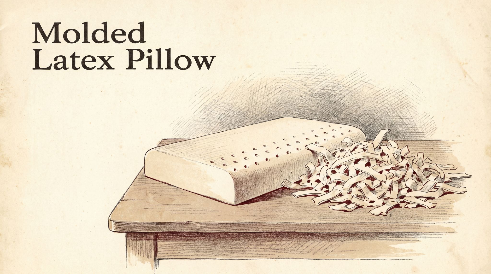 Illustration of a pale cream latex pillow block dotted with small round air holes, set next to a loose pile of irregular shredded latex pieces.